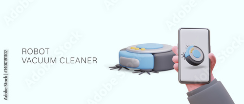 Concept of remote control of electrical household appliances. Realistic hand holding smartphone with robot vacuum cleaner on screen. Modern technologies