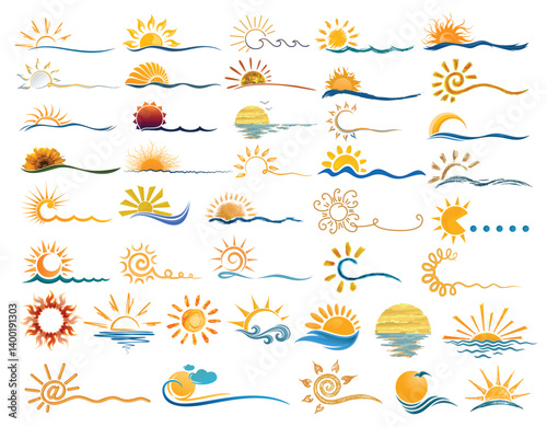 Big set stylized logos of the sun and sea.

