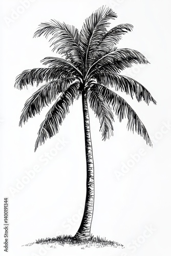 Retro sketch of tall palm tree with long curved leaves drawn in detailed vintage hand-drawn black and white style