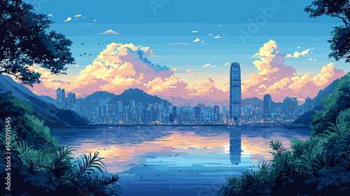 A tranquil view of Hong Kong's skyline, with tall buildings reflecting in the calm waters of a bay, surrounded by lush greenery and mountains under a vibrant sky