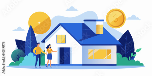 vector illustration art of a cute couple  in front of a house