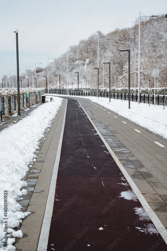 There is a snowy road with a designated bike lane running alongside it, creating a clear pathway for cyclists even during the winter months when the weather is quite cold and icy There is a snowy road with a designated bike lane running alongside it, creating a clear pathway for cyclists even during the winter months when the weather is quite cold and icy