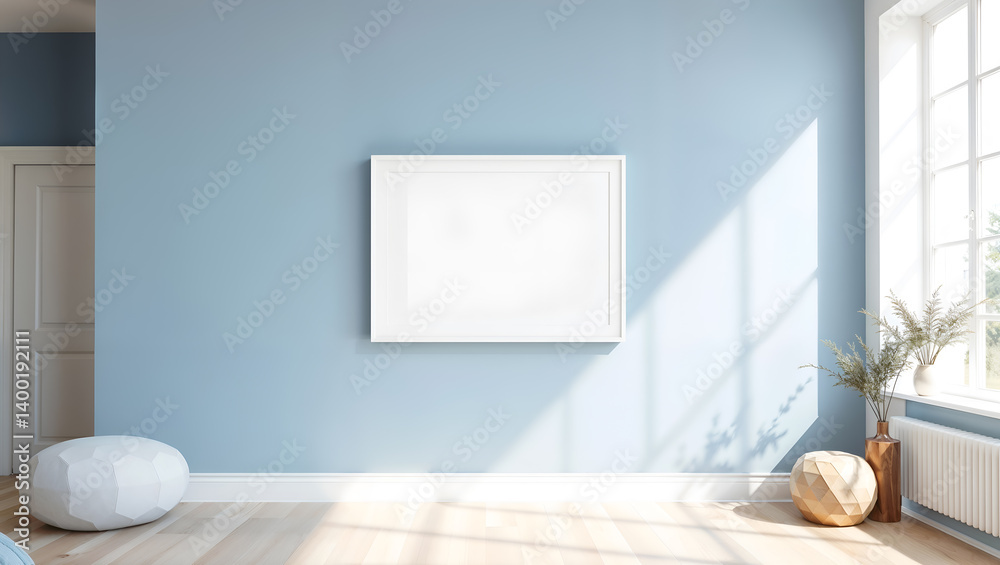 Horizontal frame mockup in elegant living room, ideal for showcasing artwork or design presentations. Generative AI