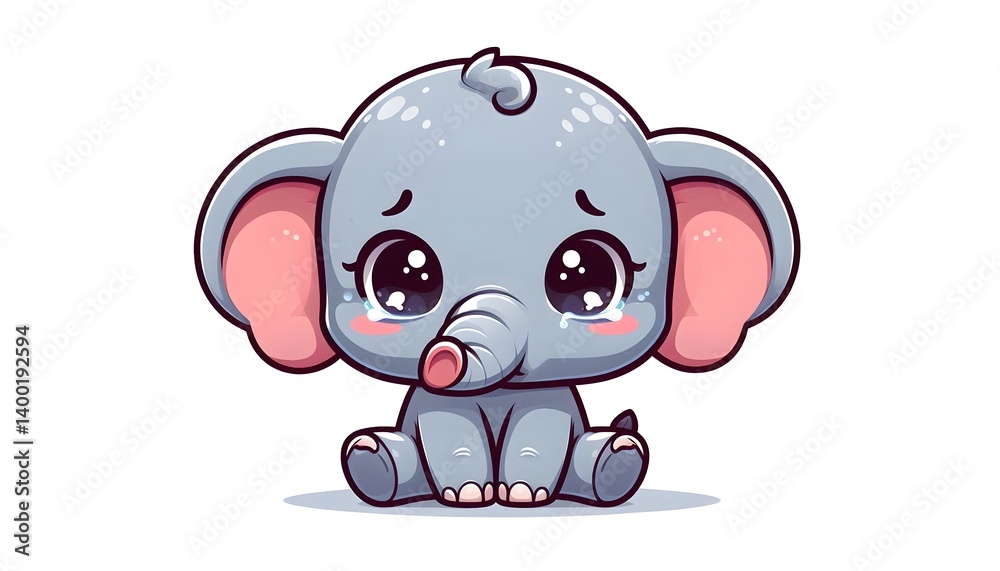 Fototapeta premium Sad Cartoon Baby Elephant Sitting and Crying - Vector Illustration 