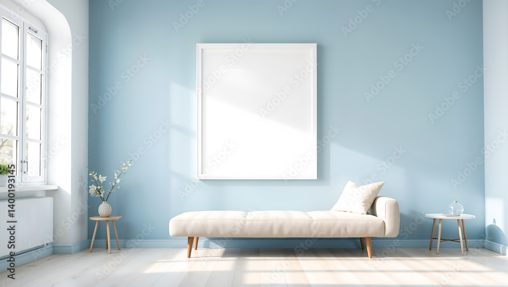 Vertical frame mockup in cozy minimalist living room with natural lighting and neutral colors. Generative AI