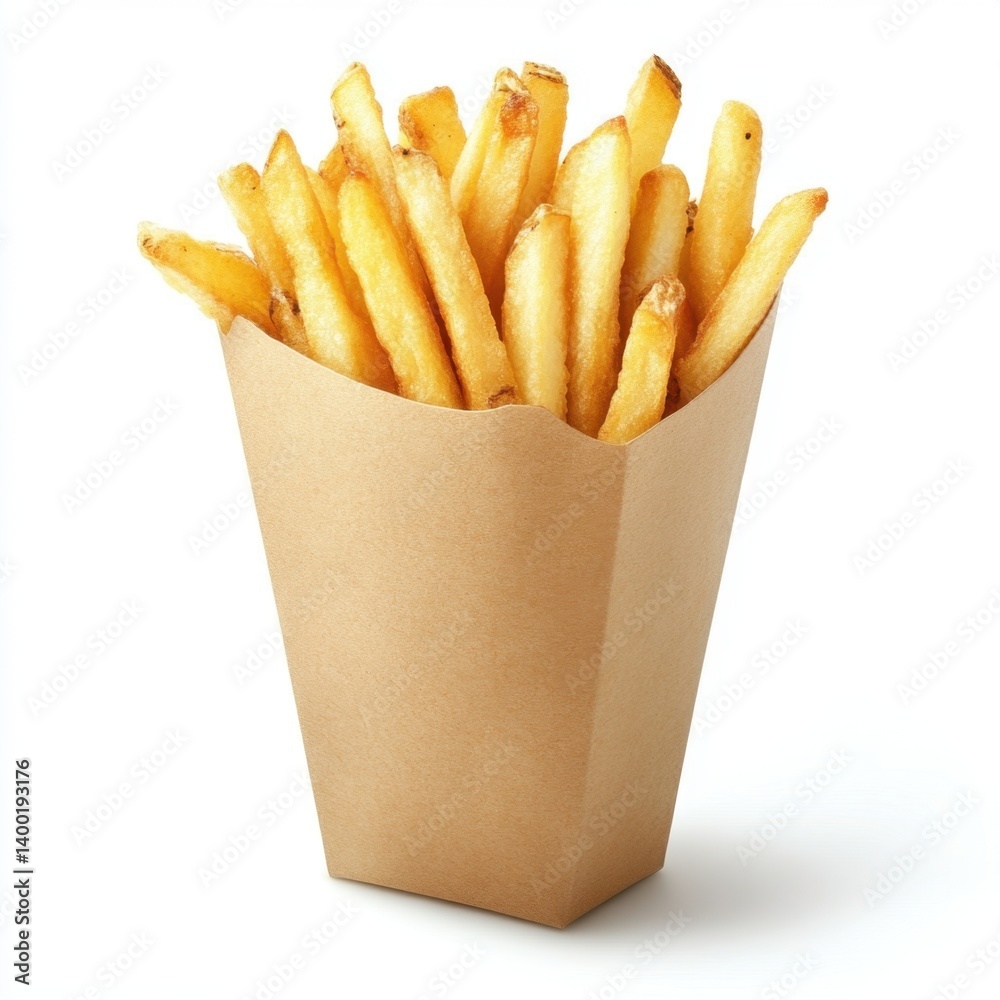 Golden french fries in a brown paper container on a white background studio shot delicious snack crispy fried potato Golden french fries in a brown paper container on a white background studio shot delicious snack crispy fried potato