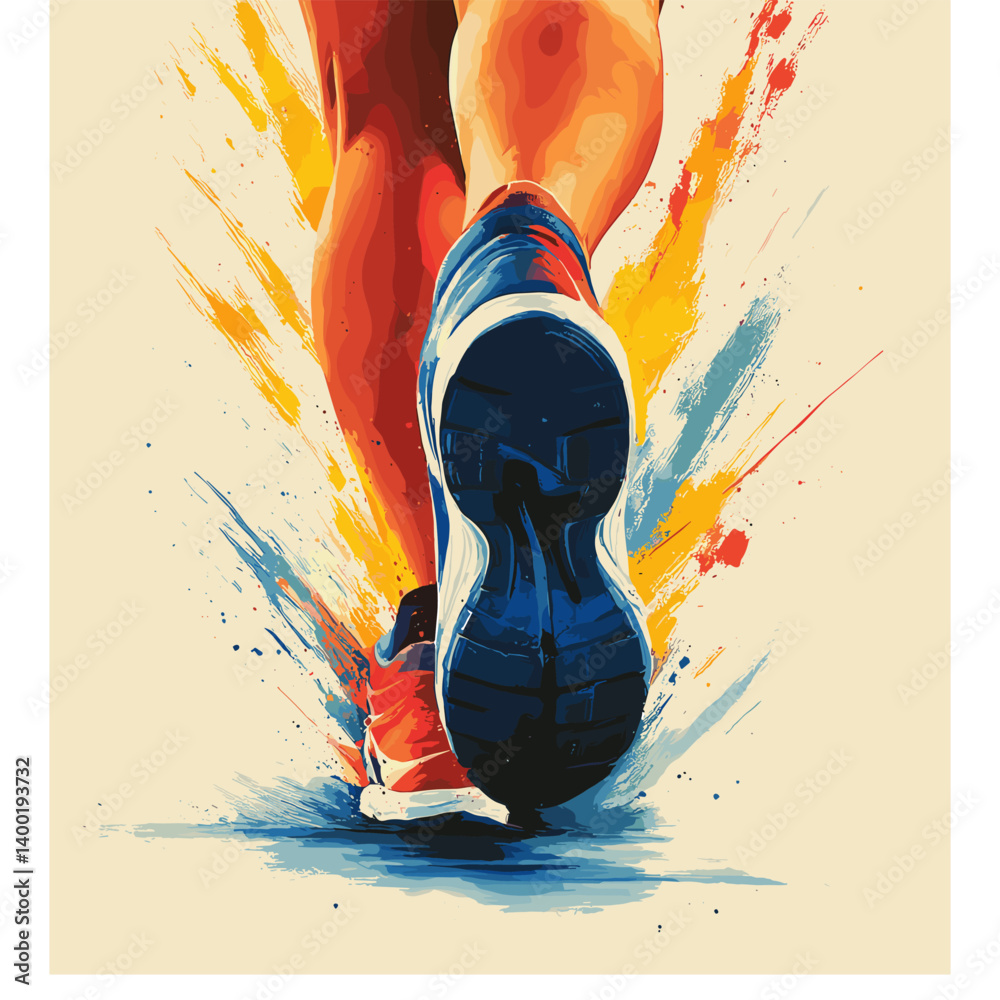 custom made wallpaper toronto digitalVector illustration of a runner's powerful stride, seen from behind, with vivid splashes of orange, blue and yellow paint, symbolizing energy, athleticism, movement, and determination