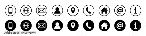 Set of contact icons in outline and solid styles. Includes phone, email, globe, user, location, call, home, at-sign, and info. Ideal for UI design, apps, websites, and digital use.