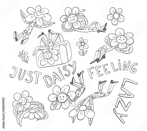 Whimsical flowers doodles, hand sketched comic retro design, coloring pages, funny quote