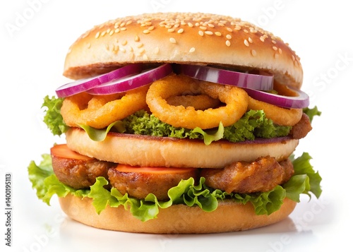 Gourmet Burger with Onion Rings: An irresistible double-decker gourmet burger stacked high with juicy patties on white background, crisp lettuce, and tangy red onion rings.