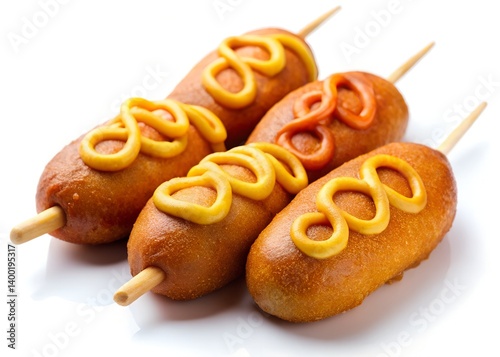 Classic Corn Dogs: Three golden brown corn dogs on sticks, coated with a swirl of yellow mustard and ketchup, creating a visually appetizing image of a classic American treat.