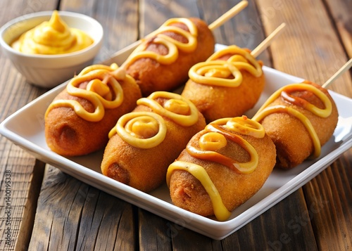 Corn Dogs with Mustard: A plate of golden-brown corn dogs, each adorned with a swirl of creamy yellow mustard, sits on a rustic wooden table. The delectable treats are ready to be enjoyed.