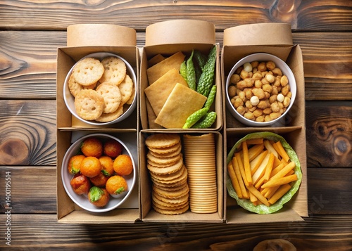 Snack Variety Boxes: A close-up studio shot of a diverse array of snack boxes filled with an assortment of delicious savory treats, creatively arranged on a wooden surface, inviting appetite.