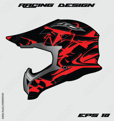 Stylish racing helmet design featuring bold red and black graphics on a gray background