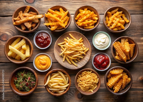 A Culinary Symphony of Fries and Sauces: An overhead shot showcases an artful arrangement of a variety of french fries and dips on a rustic wooden table.