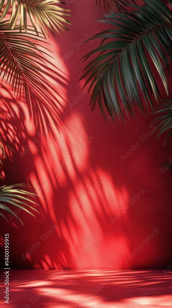 Naklejka premium Shadows and Palm Leaves Create a Vibrant Red Background in Natural Sunlight