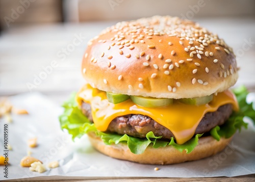 Delectable Burger Delight: A mouthwatering, photorealistic image of a perfect burger. The sesame-seed bun hugs a juicy patty, melted cheese, crisp lettuce, and tangy pickles.