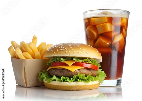 Delicious Fast Food Combo: A mouthwatering classic fast food meal featuring a juicy hamburger, golden french fries, and refreshing soda, perfect for a quick and satisfying lunch or snack.