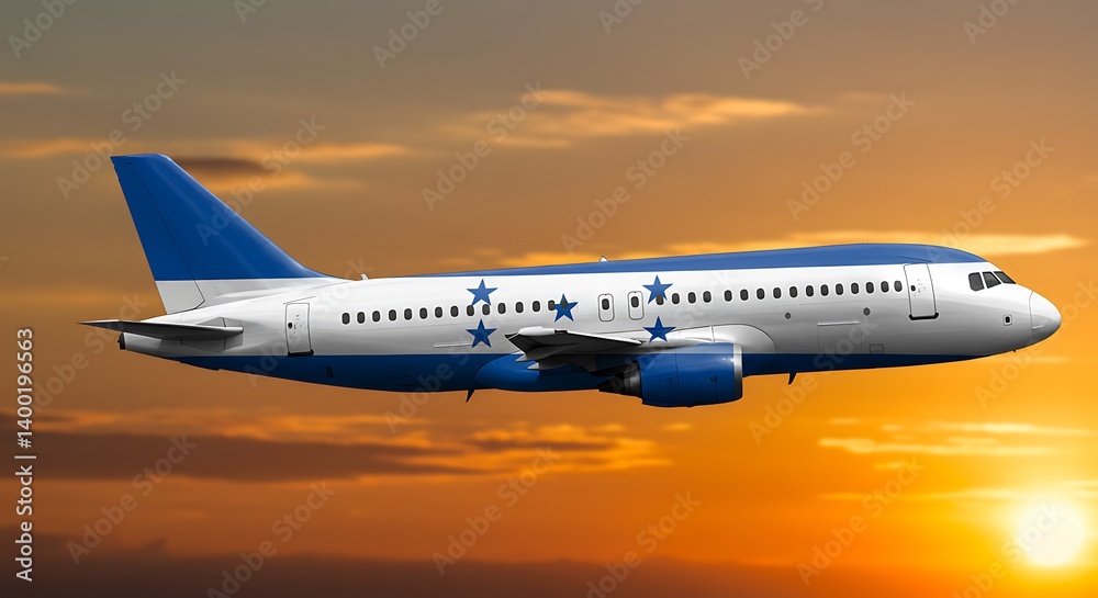 Obraz premium Sunset Flight: Honduras Airliner in Golden Hour AI Generated