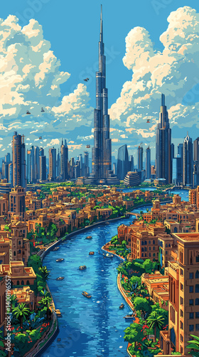 Colorful vector illustration of a futuristic Dubai with a river, boats, and modern skyscrapers under a vibrant sky, featuring a tall tower at the center. 