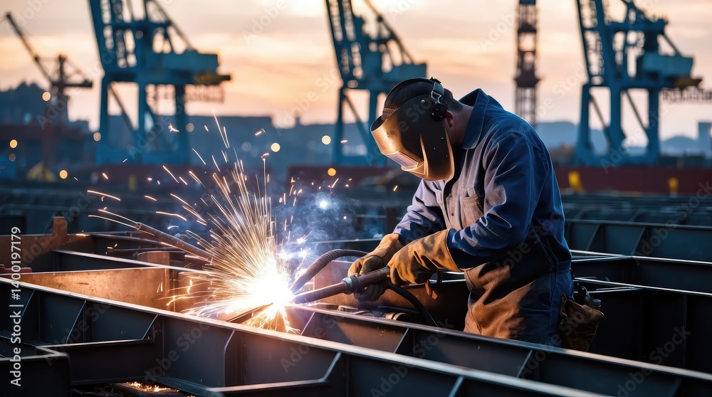 Fototapeta premium A skilled welder works on a metal structure at an industrial site, showcasing the intense sparks and precision required for shipbuilding, with towering cranes in the backdrop