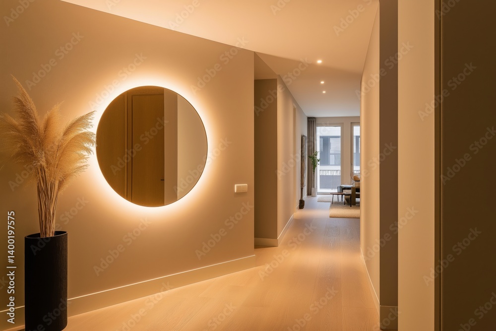 A large mirror with LED lighting that creates a soft glow on a beige wall in a modern hallway. The concept of a minimalistic interior.