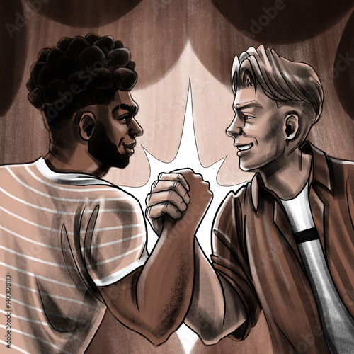 Two men of different ethnicities sharing a powerful handshake