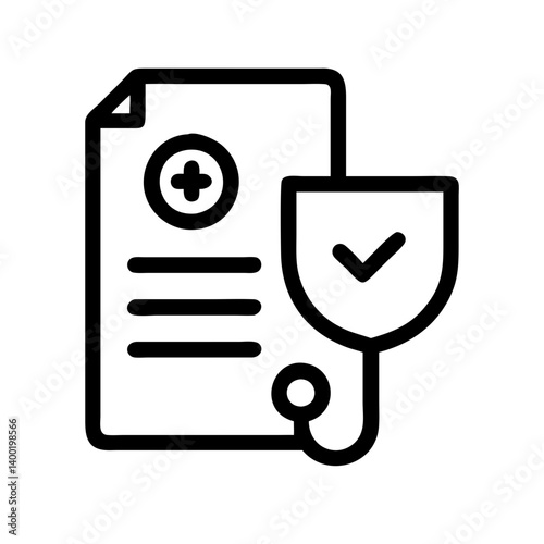 Stethoscope and medical insurance document featuring a shield symbol with checkmark, health care concept