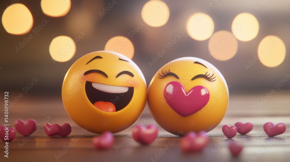 A pair of cheerful emoji faces, one smiling widely and the other with a heart-shaped mouth, surrounded by small heart shapes. A pair of cheerful emoji faces, one smiling widely and the other with a heart-shaped mouth, surrounded by small heart shapes.