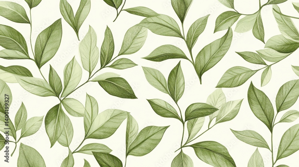 A beautifully illustrated pattern of various green leaves, showcasing different shapes and sizes against a white background. A beautifully illustrated pattern of various green leaves, showcasing different shapes and sizes against a white background.