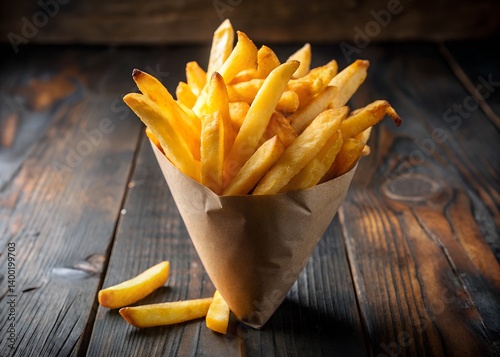 Golden Crisp Temptation: A delectable cone of golden, crispy fries, artfully arranged, beckons from a rustic wooden table, exuding warmth and indulgence.