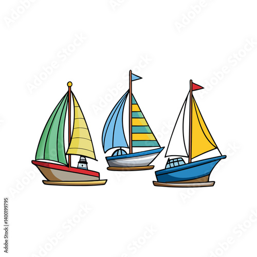 three sailboat color boat on white background vector illustration