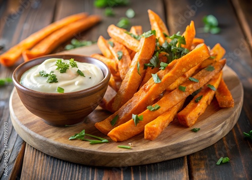 Sweet Potato Fries: Savor the delectable appeal of golden, crispy sweet potato fries artfully arranged with a creamy dipping sauce, ready to tantalize your taste buds.