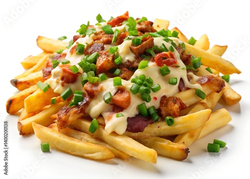 Delicious Loaded Fries: A mouthwatering composition of golden fries generously topped with savory cheese sauce, crisp bacon bits, and fresh green onions
