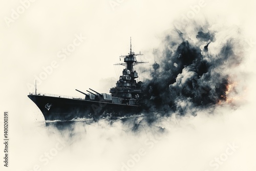 Dark Battleship Silhouette Emerging From Thick Smoke in a Dramatic Setting