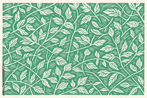Botanical pattern with white leaves and branches on mint green background. Nature-inspired repeating design in vintage woodcut or linocut illustration style.