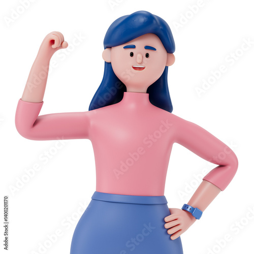 A woman raising his right fist, symbolizing strength and confidence in success. 3d rendering, conceptual image. Isolated on white background.