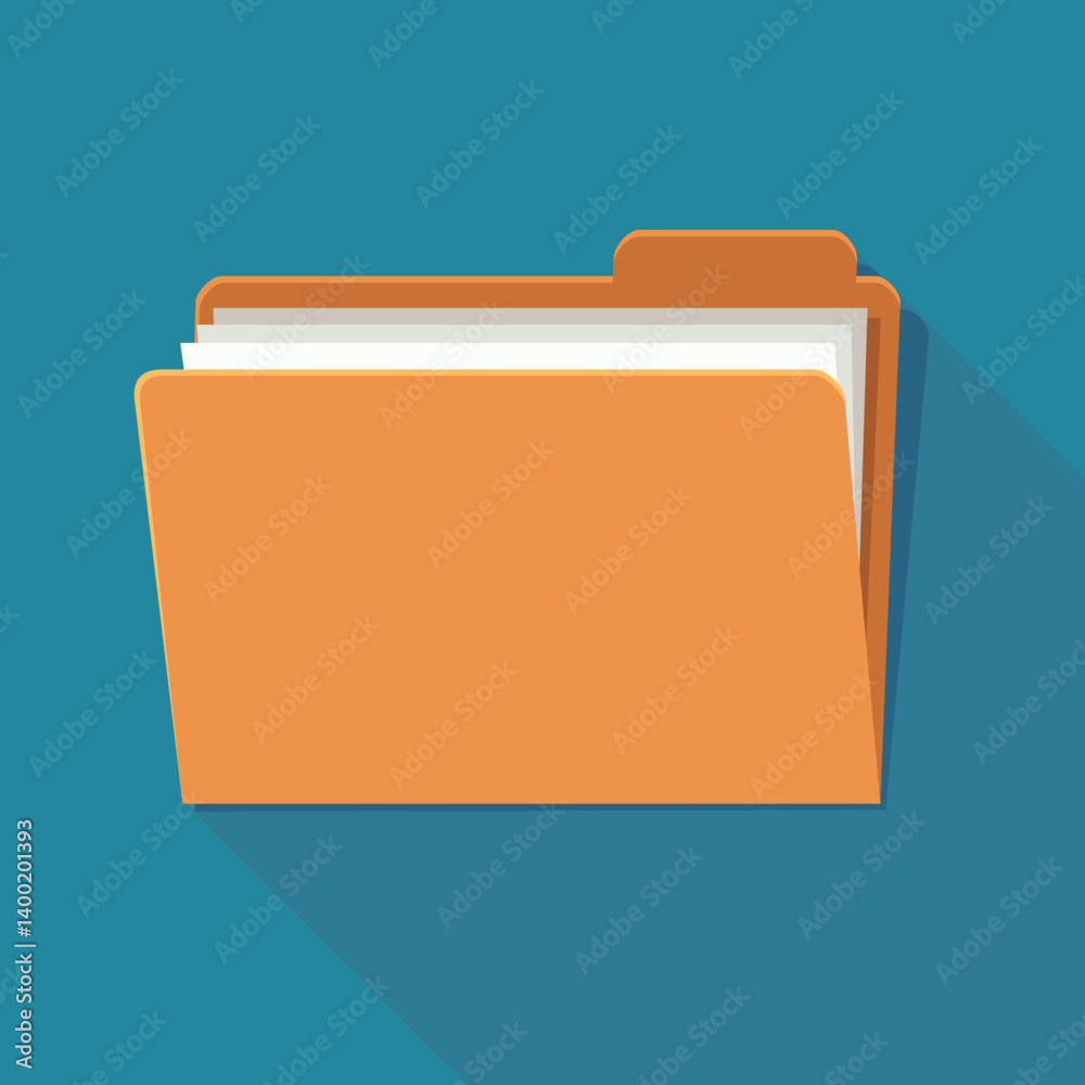 Half-open orange folder containing pages of paper in flat design style on blue background with long shadow Half-open orange folder containing pages of paper in flat design style on blue background with long shadow