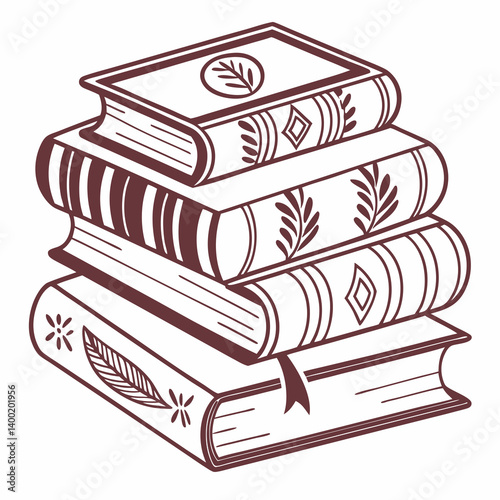 Decorative Vintage Brown Line Art Stack of Books Reading Illustration