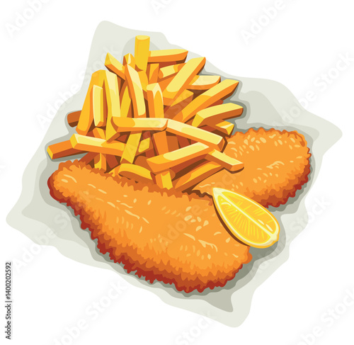 British Traditional Fish and chips on crumpled paper. Vector illustration
