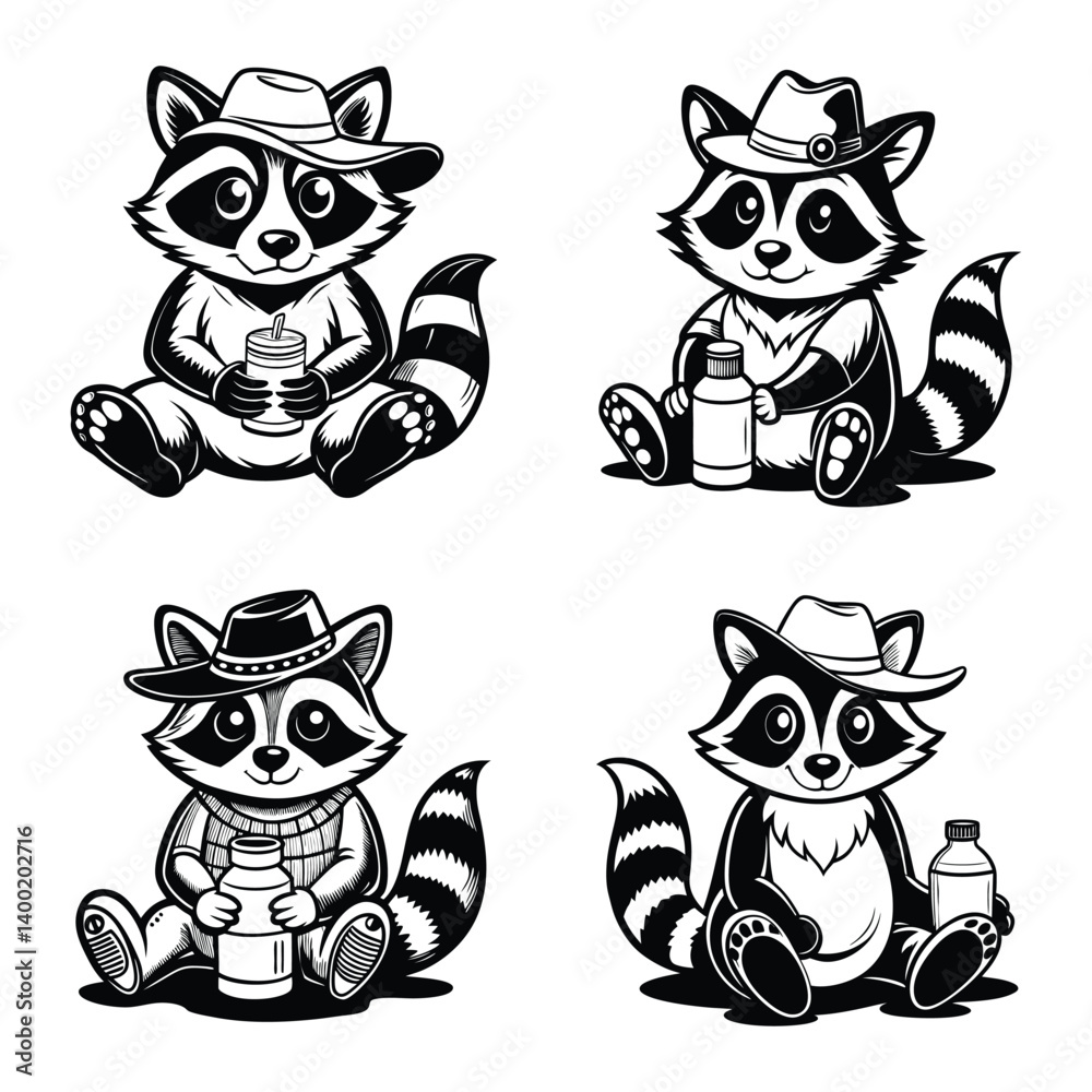 Obraz premium a cute raccoon sitting on the ground, wearing cowboy boots and a cowboy hat.