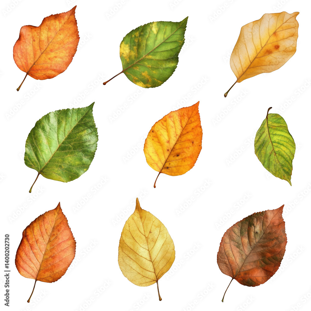 Obraz premium Nine colorful autumn leaves isolated on white background fall foliage collection nature design elements bright vibrant colors changing seasons orange yellow red brown and green leaves Thanksgiving