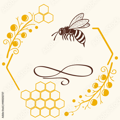 Decorative Honeycomb Bee Floral Berries Vector Art