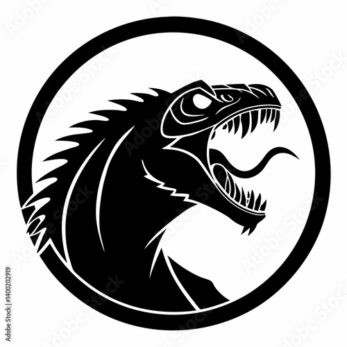 Fierce Spiked Reptile Monster Head Black White Vector Illustration Circle