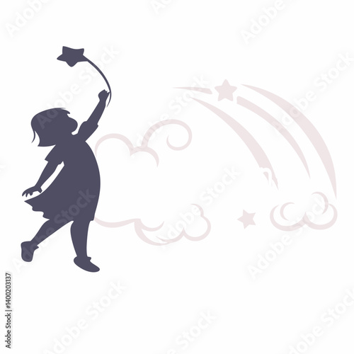 Dreamy Child Silhouette Star Wand Clouds Shooting Stars Vector Illustration