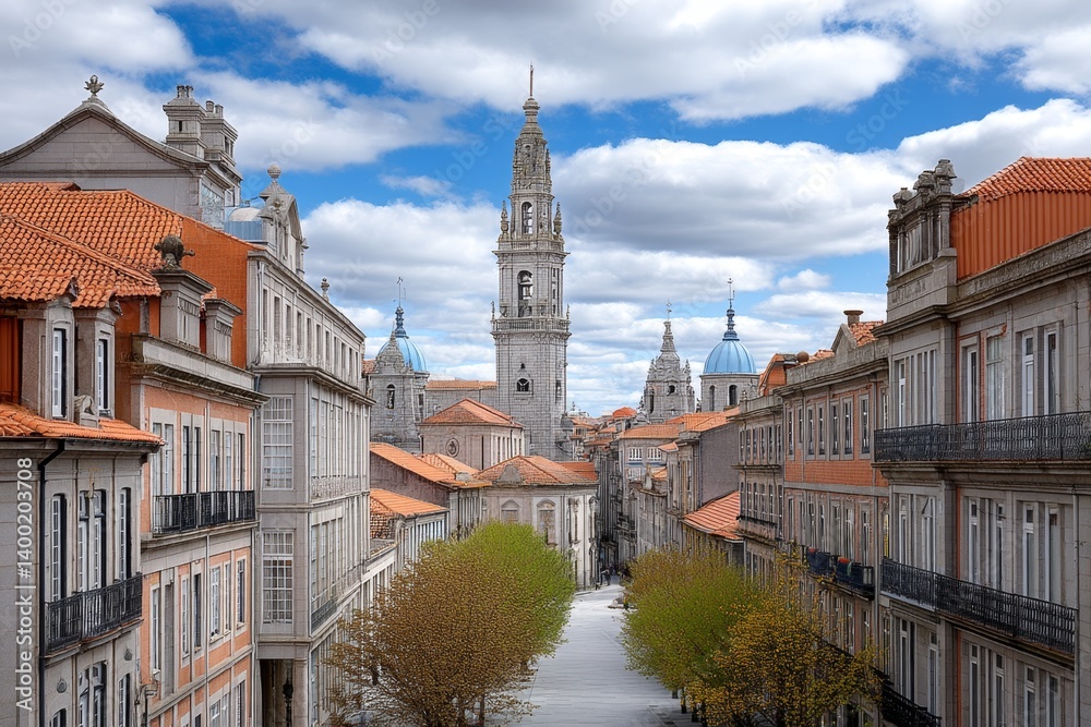 Obraz premium A view of Clérigos Tower rising above the city rooftops