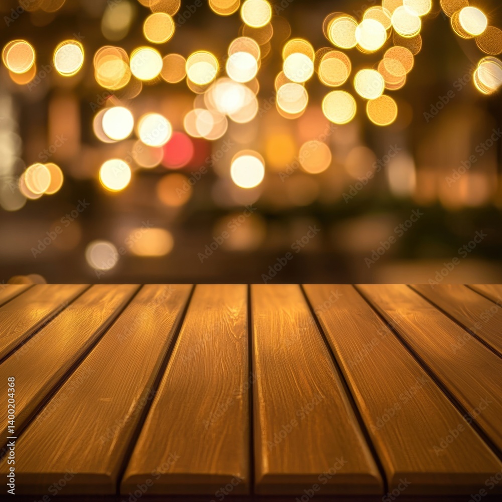 Warm inviting wooden table surface with blurred bokeh lights background perfect for product display Warm inviting wooden table surface with blurred bokeh lights background perfect for product display