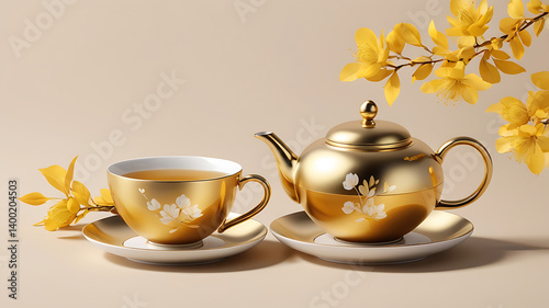 Close-up of the golden blossom beauty cup of tea pair new favorite indulgence on a background.
