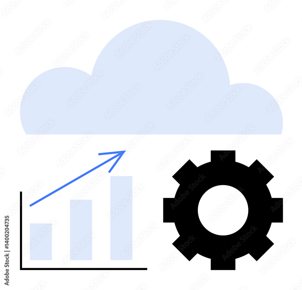 Cloud above bar chart with rising arrow and gear, symbolizing cloud computing, data analytics, business growth, technology integration. Ideal for tech, analytics, progress, strategy innovation Cloud above bar chart with rising arrow and gear, symbolizing cloud computing, data analytics, business growth, technology integration. Ideal for tech, analytics, progress, strategy innovation