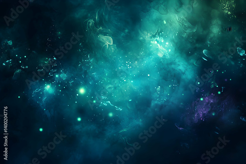 A vibrant, deep-space nebula display with swirling teal and violet hues. photo